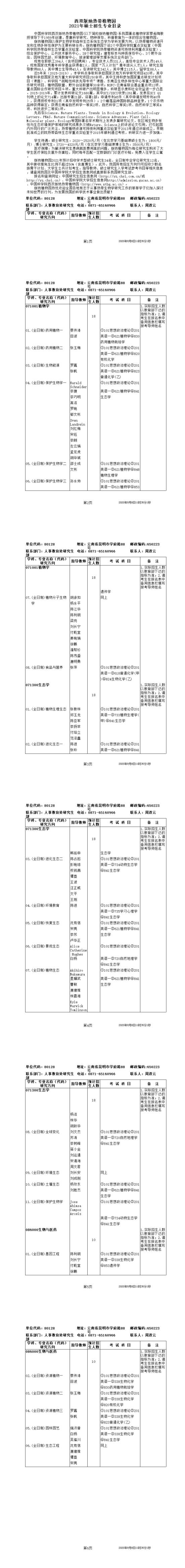 中國(guó)科學(xué)院西雙版納熱帶植物園2021年碩士研究生招生專業(yè)目錄