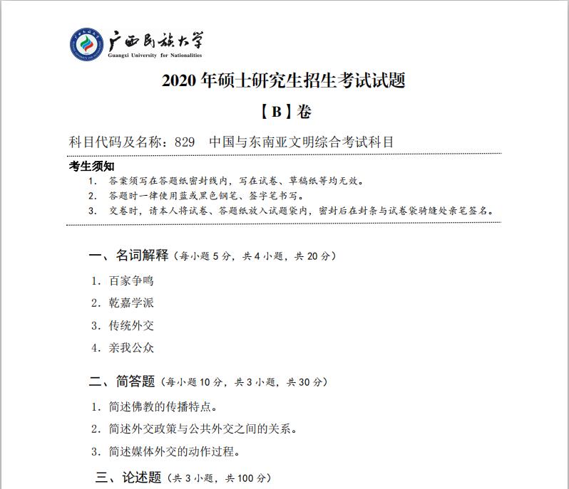 考研真題:廣西民族大學(xué)2020年碩士研究生招生考試試題829中國與東南亞文明綜合