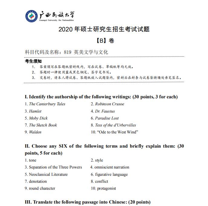 考研真題:廣西民族大學(xué)2020年碩士研究生招生考試試題819英美文學(xué)與文化
