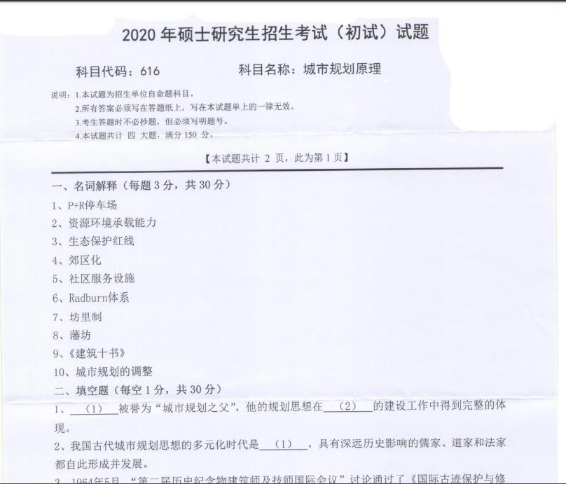 考研真題:西南科技大學(xué)2020年碩士自命題試題616城市規(guī)劃原理